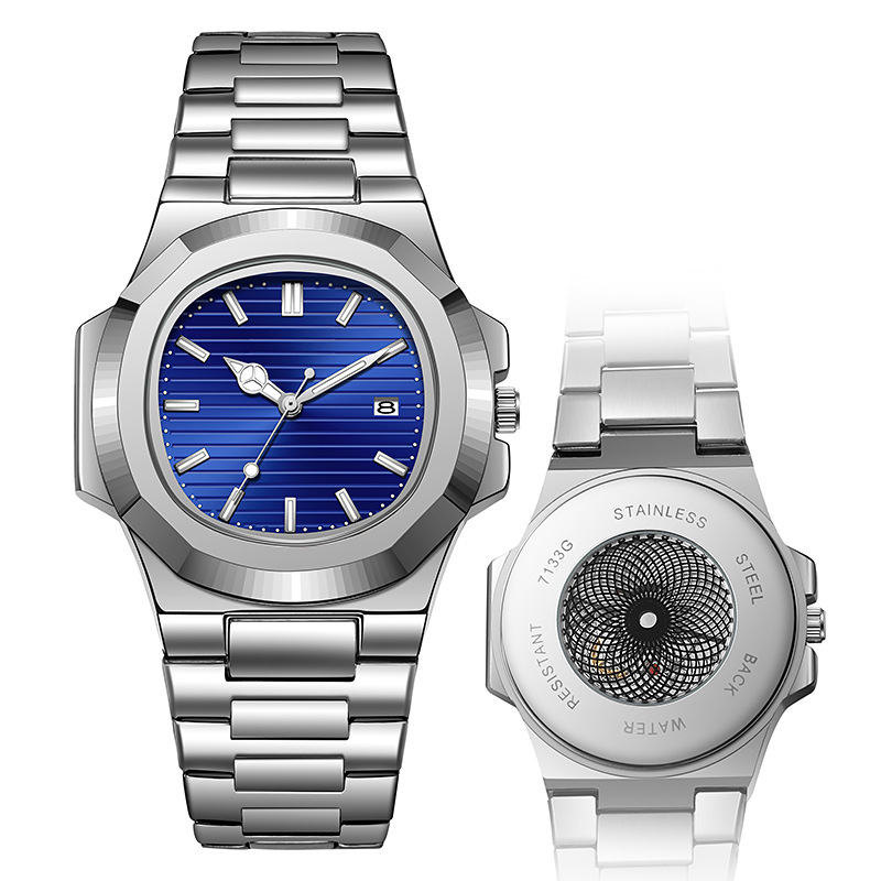 Relojes Nautilus transfronterizos Relojes mecánicos falsos Moda para hombres Cinturón de acero Calendario Reloj de cuarzo de fondo hueco luminoso