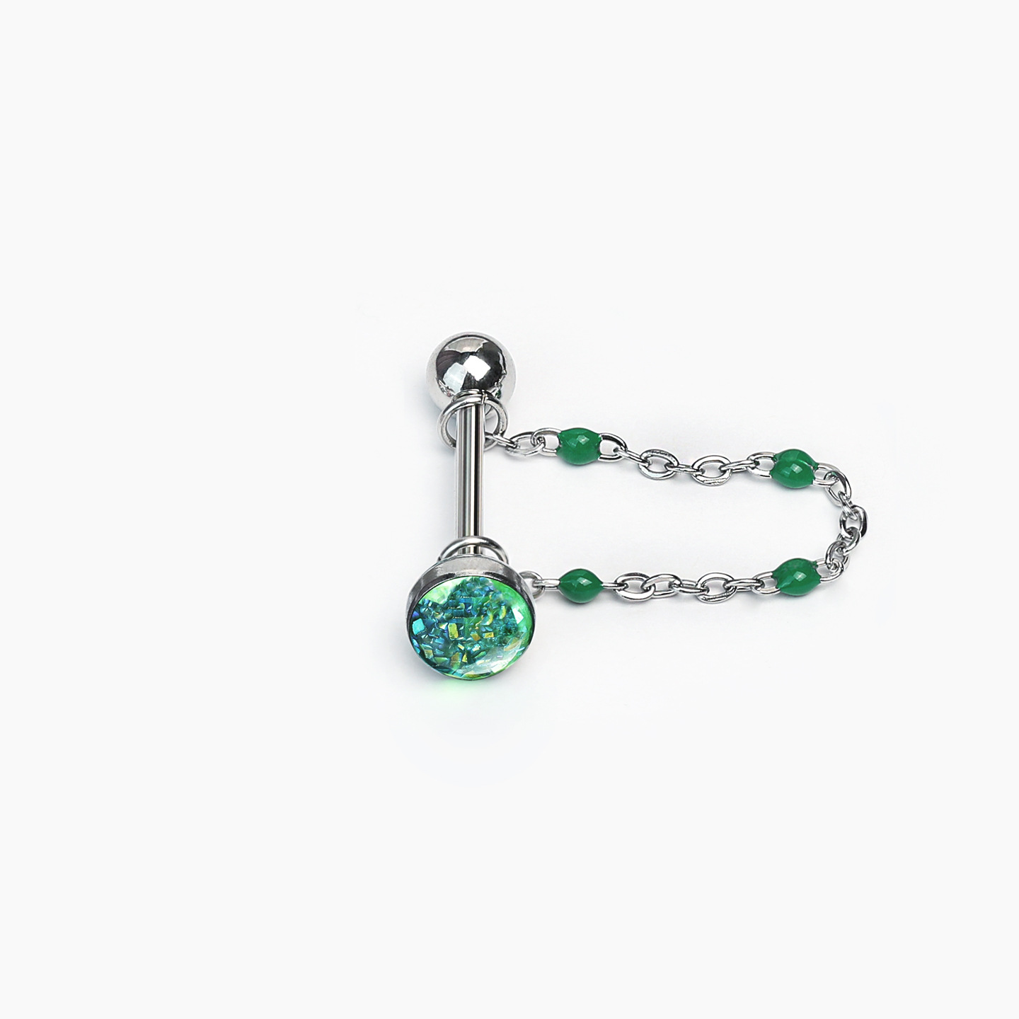 Green Diamond-Studded Chain Tongue Ring, Removable Sparkling Barbell, Hot Girl Style Sweet and Cool Piercing Jewelry, Wholesale detail image 8