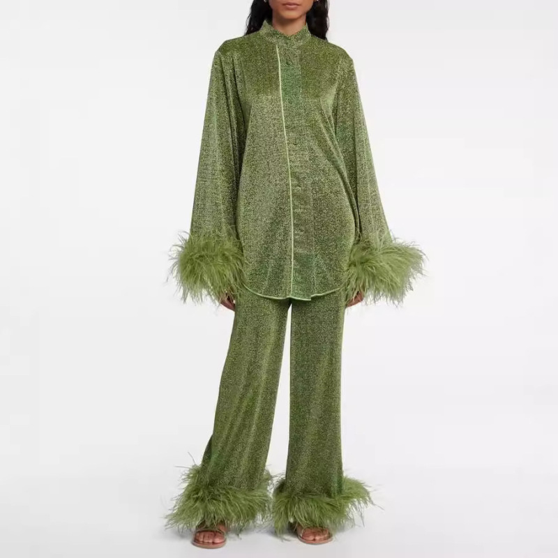 High-End Feather Designer Set Designer Niche Feather Decoration Pants and Top Suit