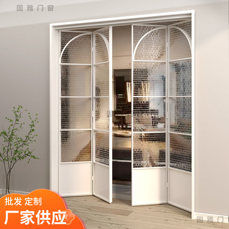 French-Style Kitchen Balcony Folding Glass Door with Hanging Rail, Aluminum Alloy Three-Linkage Sliding Flat Door Design, Double Door