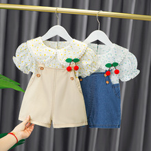 包邮Yikids女童夏季套装童装女宝宝樱桃背带短裤两件套装婴幼儿装