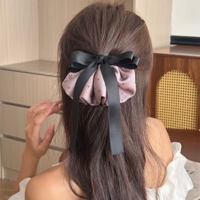 韩版缎面波点裙摆蝴蝶结弹簧夹发夹甜美气质后脑勺顶夹发卡发饰|undefined