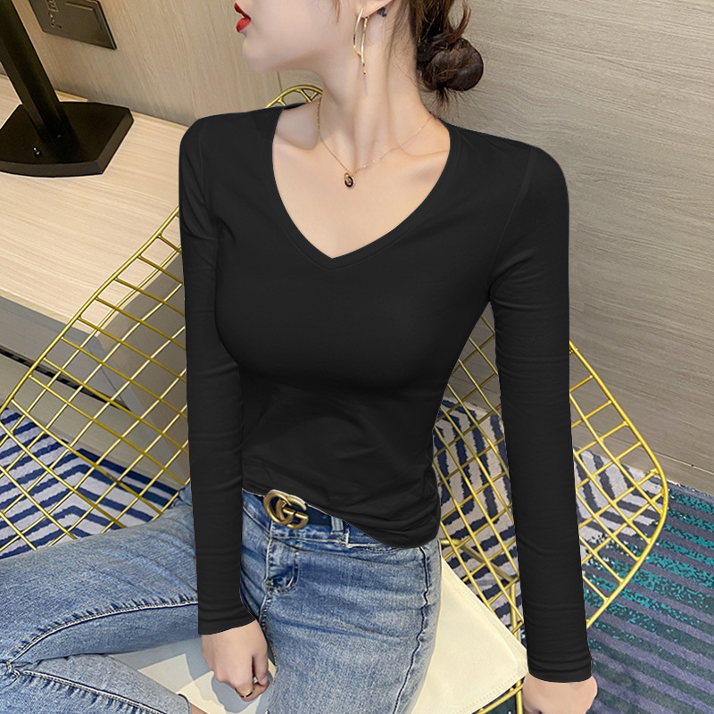 Black Modal Bottoming Shirt for Women Spring, Autumn and Winter Long-Sleeved V-Neck T-Shirt 2025 New Sweetheart Neck Tight Top