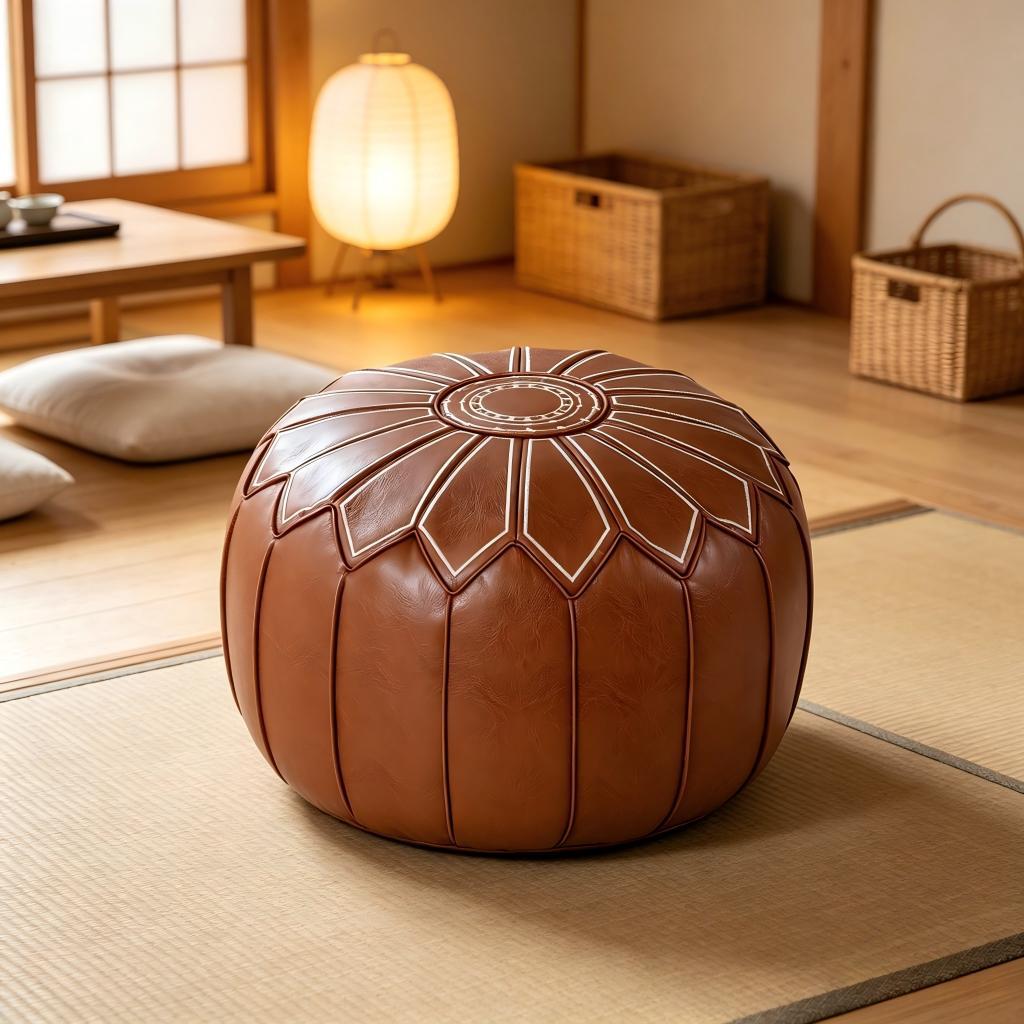 【Premium Selection】Embroidered Round Storage Ottoman, Imitation Oil-Wax Leather, Waterproof and Wear-Resistant, Fillable with Clothes, Lazy Person's Seat Cushion