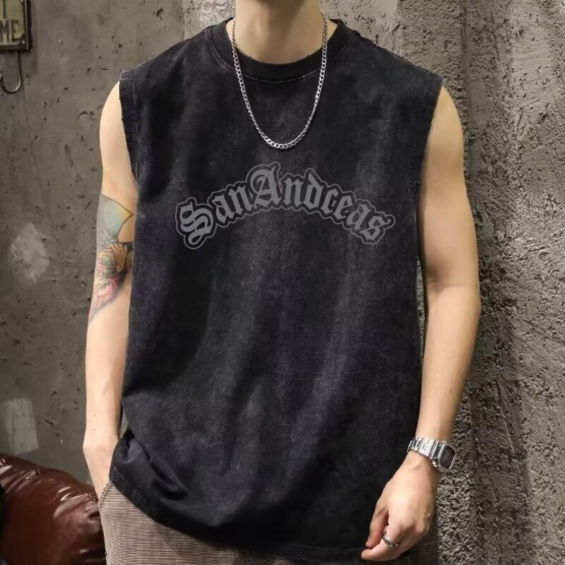Washed Vest Men's Summer Thin Breathable Trendy Brand Vest Basketball Sports Vest Fitness American Sleeveless T-Shirt Trendy Washed Vest Men's Summer Thin Breathable Trendy Brand Vest Basketball Sports Vest Fitness American Sleeveless T-Shirt Trendy