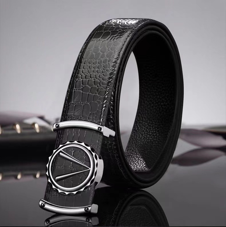 Neuer Krokodilgürtel für Herren aus Oberleder mit zahnloser automatischer Schnalle, echter Leder-Buchstaben-Modegürtel, trendige Marken-Freizeitanzughose_voghion.com