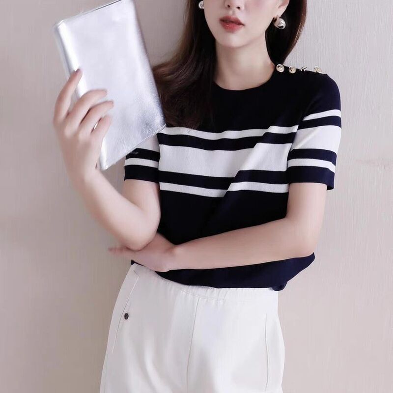 Refreshing Summer Irregular Contrast Striped Shoulder Gold Buckle Ice Silk Knitted T-shirt Top