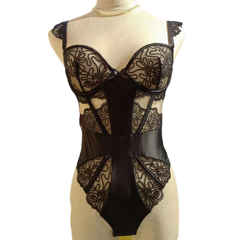 European and American Style One-Piece Lingerie, Ultra-Thin, Sexy, Hollow-Out, Micro-Shaping Pu Underwear, Lace Splicing, Push-Up Bra, Lingerie