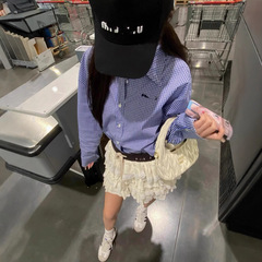 mi*u ファインブルーチェック柄レイヤードキングシャツ刺繍小bレディース春夏韓国風レイヤードスリムブルー長袖シャツ