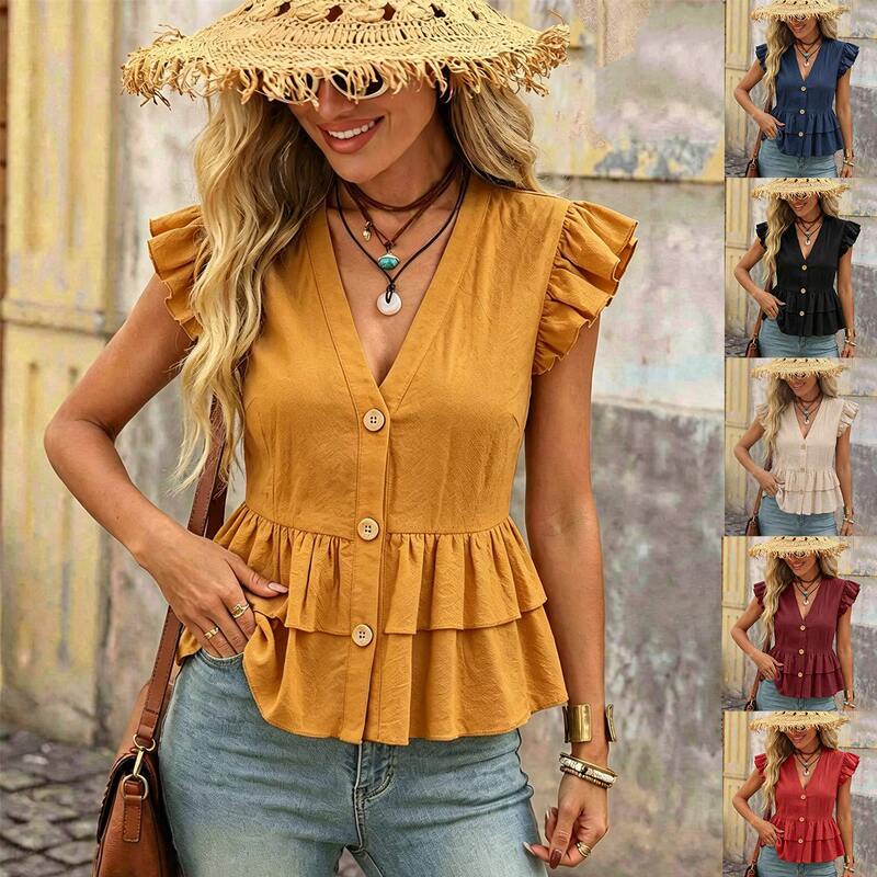 2026 Cross-Border Foreign Trade Women's New Holiday Style Solid Color V-Neck Single-Breasted Ruffled Hem Casual Shirt for Women 2026 Cross-Border Foreign Trade Women's New Holiday Style Solid Color V-Neck Single-Breasted Ruffled Hem Casual Shirt for Women
