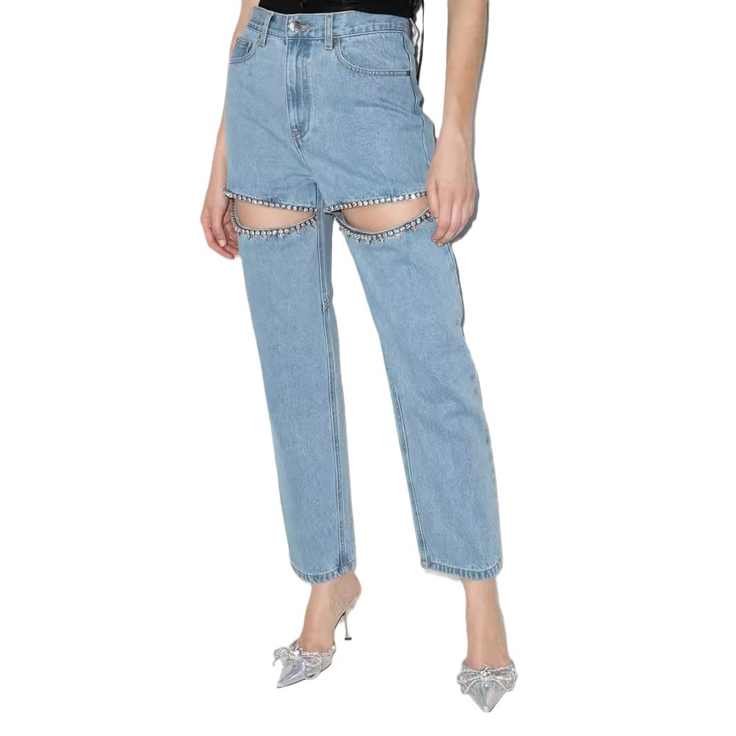 Neue, grenzüberschreitende Modekollektion 2025: Europäische und amerikanische Strassdesigns, durchbrochene Waschung, vielseitiges High-Waist-Hemd mit geradem Bein_voghion.com