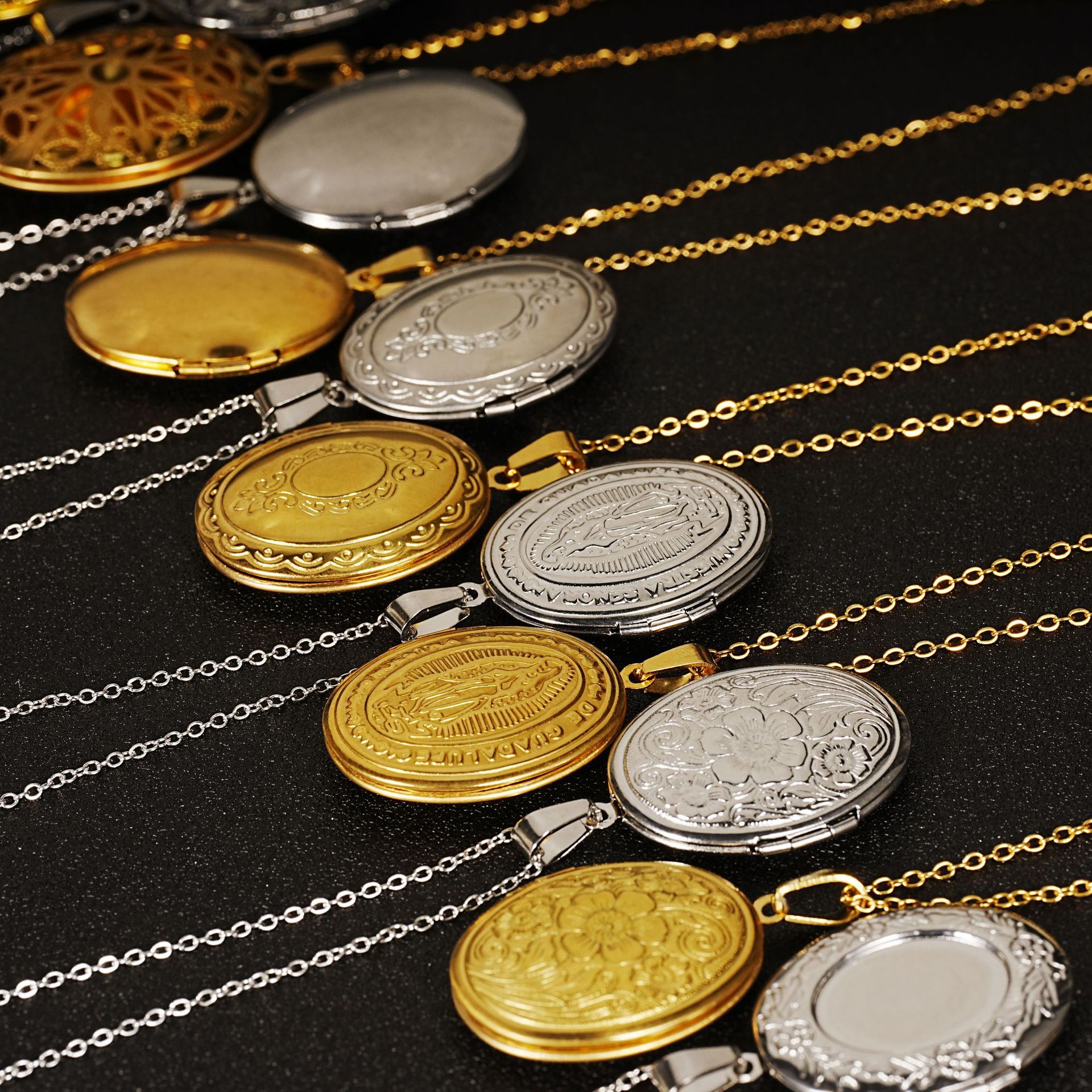 316L espejo de acero inoxidable pulido plasma ovalado bricolaje pareja caja colgante collar de galvanoplastia de oro real de 18K