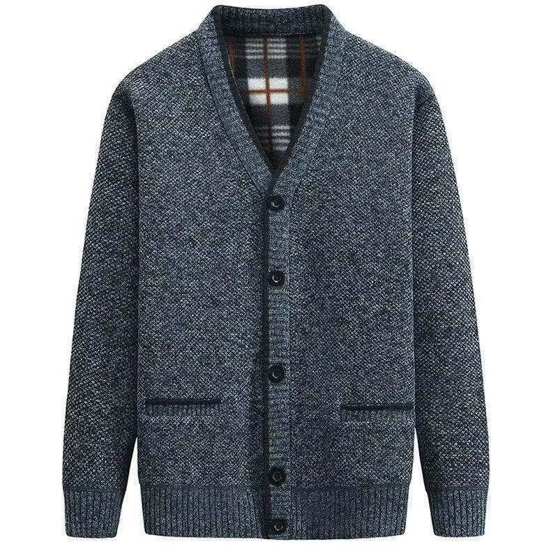 Цельный зимний мужской свитер среднего возраста на флисовой подкладке, кардиган, утолщенное трикотажное пальто для папы среднего и пожилого возраста с V-образным вырезом