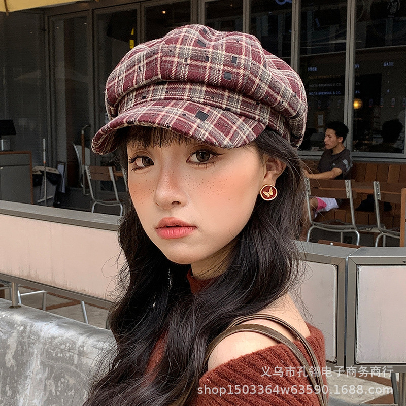 2025新款英伦复古格子八角帽子女春秋季户外休闲显脸小鸭舌画家帽|undefined
