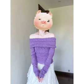 T9O葡萄紫一字领毛衣 镂空针织破洞 很显白！