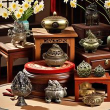 纯铜香炉仿古三足双耳香薰炉带盖子迷你貔貅鼎手把件麒麟铜小香炉