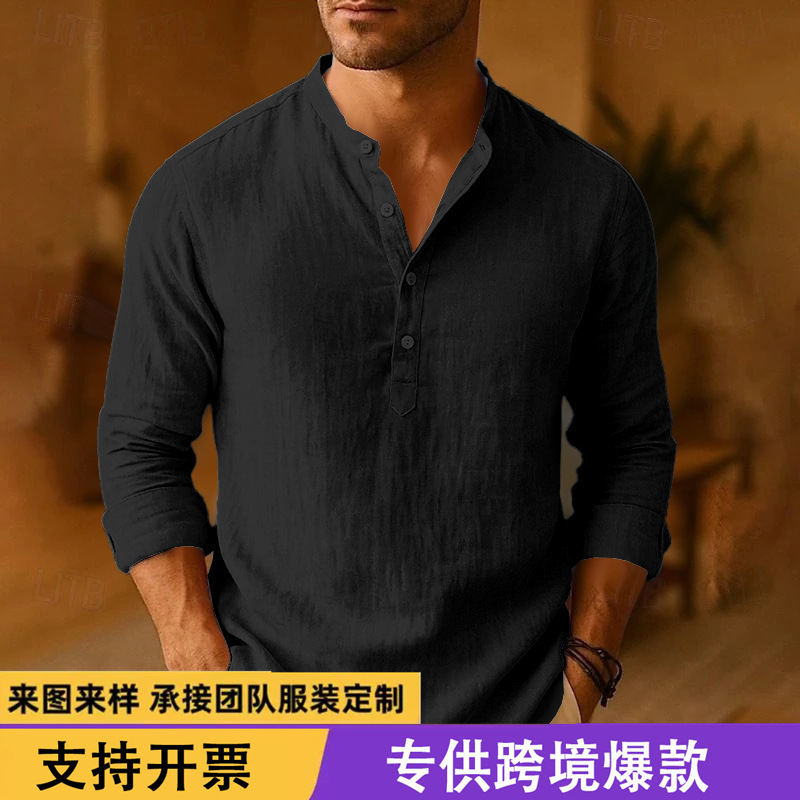 Cross-Border Trade Linen Solid Color Long-Sleeve Shirt Casual Stand Collar Loose Men's Henley Shirt Long-Sleeve Half-Button Shirt