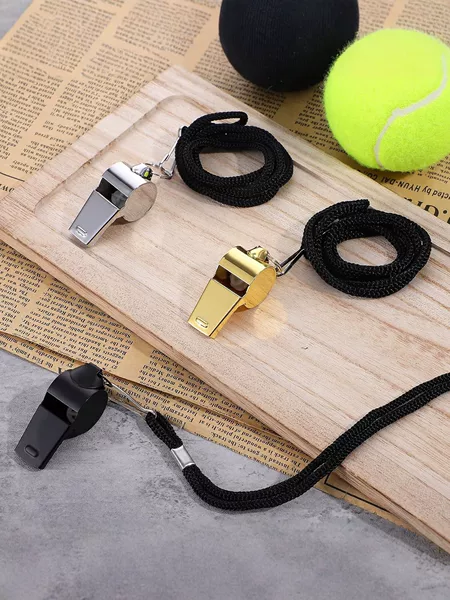 Stainless steel referee whistle with black lanyard, available in gold, silver, black and other colors, suitable for sports training