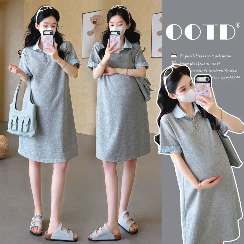 Real Shot of New Summer Maternity Dress, Stylish Slim-Fit Dress, Fashionable Striped Polo Collar Knit T-Shirt Dress