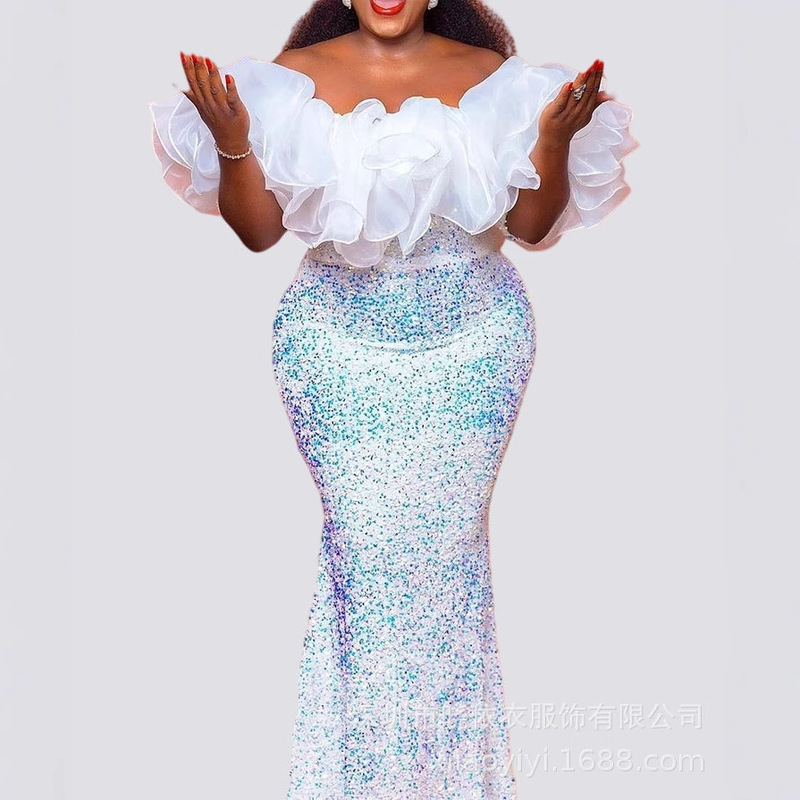 Amazon Cross-Border European and American New Style One-Shoulder Sexy Strapless Sequin Embroidered Plus-Size Women's Fitted Dress Gown Amazon Cross-Border European and American New Style One-Shoulder Sexy Strapless Sequin Embroidered Plus-Size Women's Fitted Dress Gown