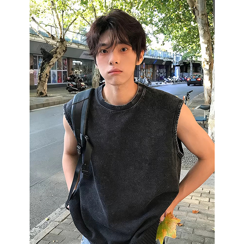 American-Style Washed Vintage Black Sleeveless Vest for Men, Summer Round-Neck Versatile Pure Cotton Tank Top T-Shirt Trendy Ins-Style Top