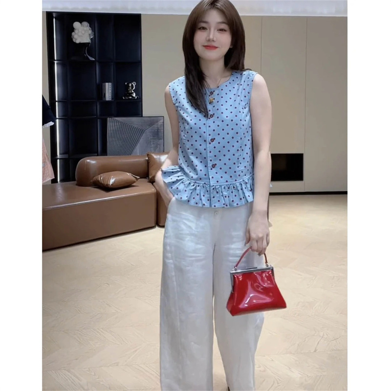 夏季时尚设计感穿搭女百搭波点圆领无袖上衣休闲阔腿裤两件套装潮|undefined