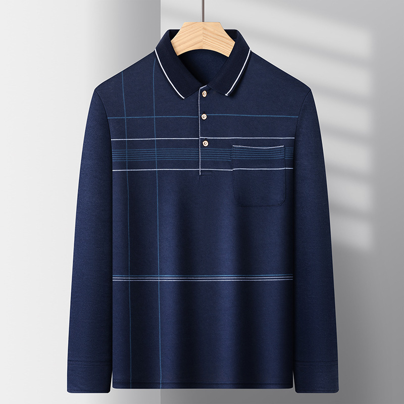 Middle-aged men's long-sleeved T-shirt for father with loose pocket T-shirt for middle-aged and elderly thin lapel bottoming shirt for the elderly polo