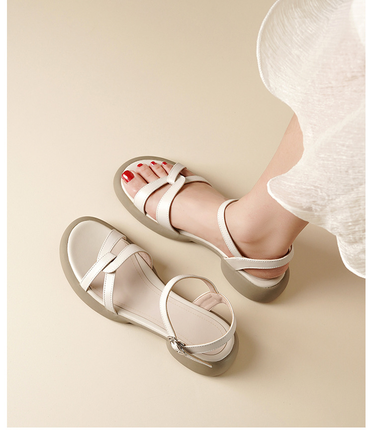 Sandal nữ đế bằng da thật quai chữ V mùa hè chống trượt — Màu đen chi tiết 5