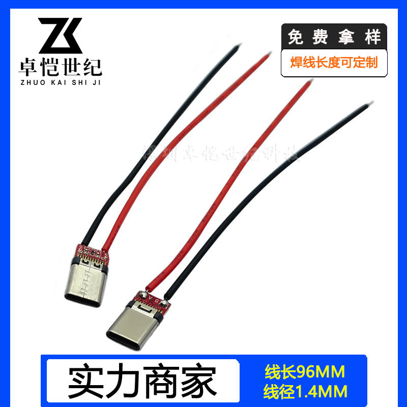 Typec male 2 solder joint with lead 3A charging interface double-sided forward and reverse connector two-core A male TYPE-C