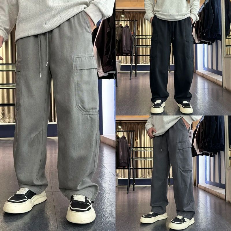 新款时尚轻奢简约做旧美式工装裤秋季立裁潮流宽松男直筒休闲裤|undefined