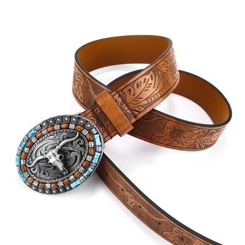 Cross-border Western Denim Belt Bull Head Big Buckle Trendy Retro Youth Retro Men's Punk Leather Belt