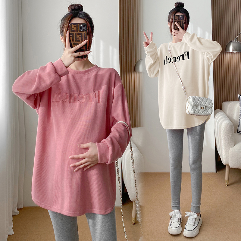 Pregnant women's spring and autumn long-sleeved top with good quality letters embroidered Korean style sweater loose slimming versatile maternity clothes for women