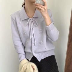 韩系翻领勾花设计感针织开衫女2025秋冬新款蝴蝶结软糯毛衣女外套