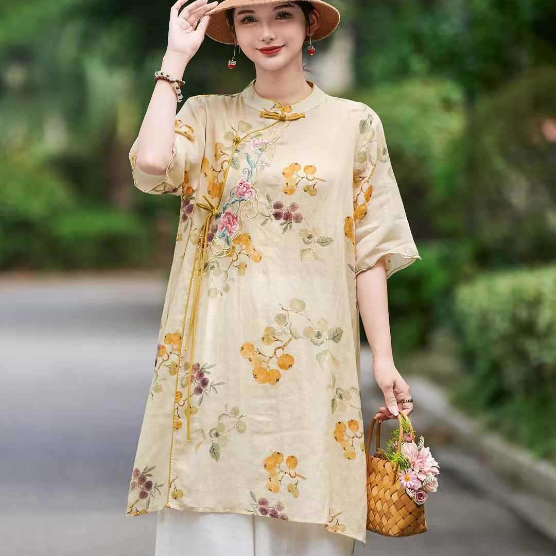 2025夏季苎麻数码印花小立领刺绣中长衫国风文艺女士中长款T恤