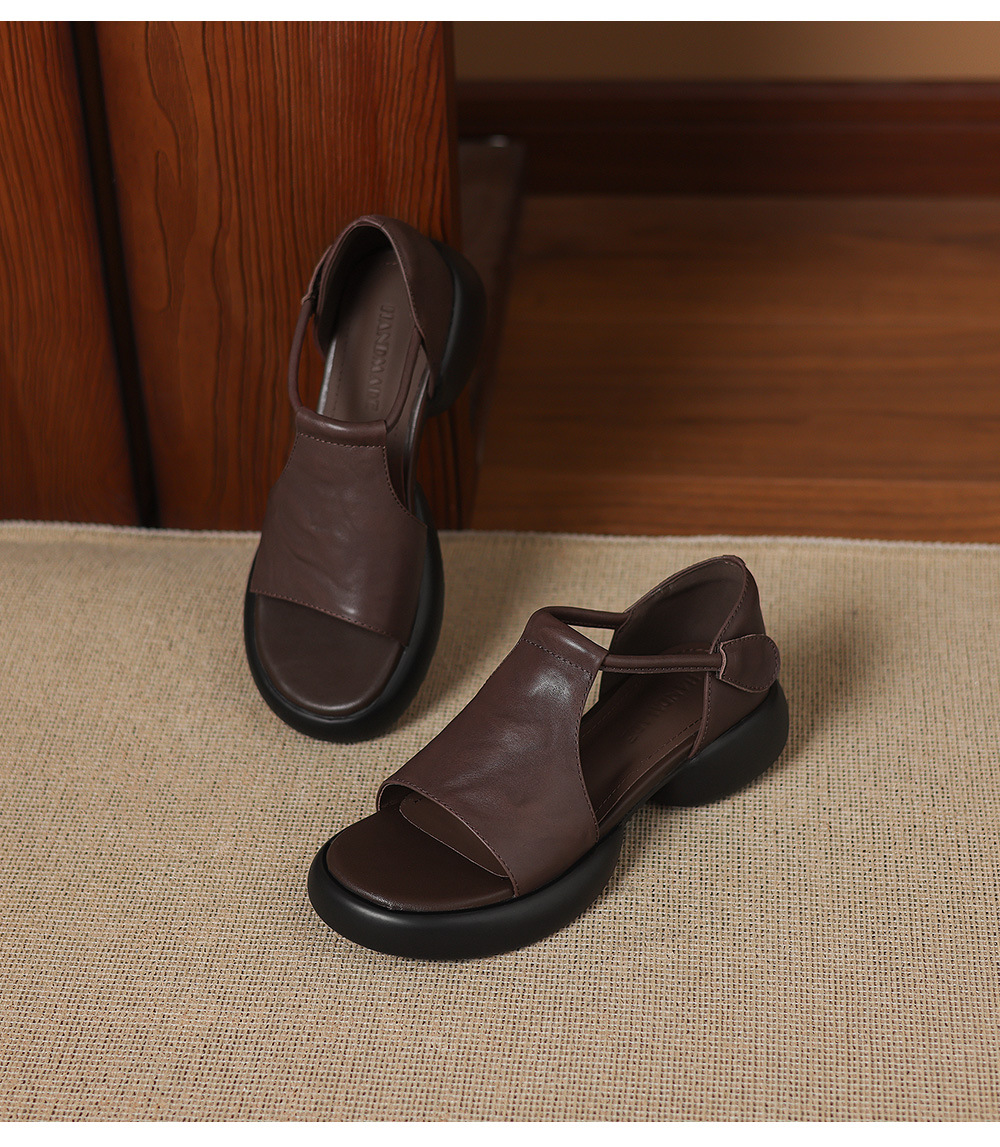 Sandal nữ quai chữ T đế dày, dán Magic Stig, form rộng thoải mái — màu nâu chi tiết 19