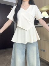 大码胖mm夏季宽松休闲V领交叉短袖T恤女薄款荷叶边遮肚子小衫上衣