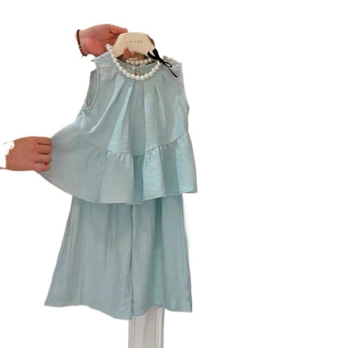 Stylish sleeveless girls' summer set: toddler and small child ruffled blouse with wide-leg pants, trendy two-piece outfit