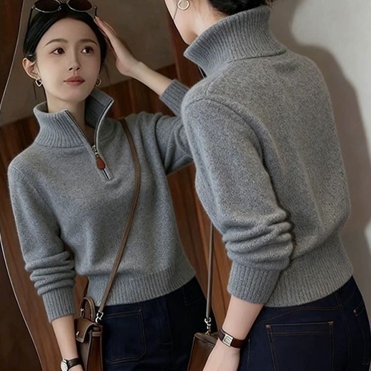 Fashionable Lazy Style High-Neck Knitted Base Shirt for Women, New Autumn and Winter High-End Versatile Slimming Top