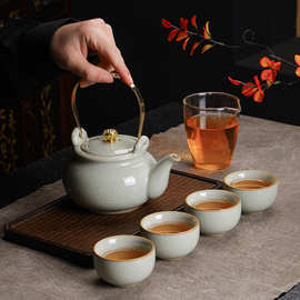 汝窑功夫茶具提梁壶泡茶壶轻奢套装一壶4杯家用办公小套茶杯泡茶