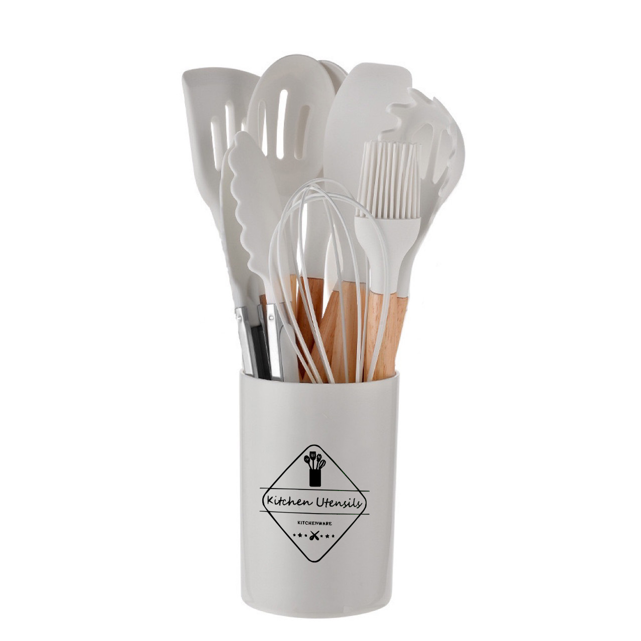 Juego de Utensilios de Cocina de Silicona con Mango de Madera, 12 Piezas, Antiadherente, con Soporte, Mayorista