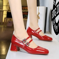 1389-1 Daily Versatile Sweet Mary Jane Women's Shoes Mid Heel Lacquered Leather Shallow Mouth Round Head Water Diamond Buckle Strap Single Shoe