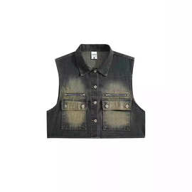 美式复古设计感水洗做旧牛仔翻领短款马甲男女宽松百搭无袖外套棉