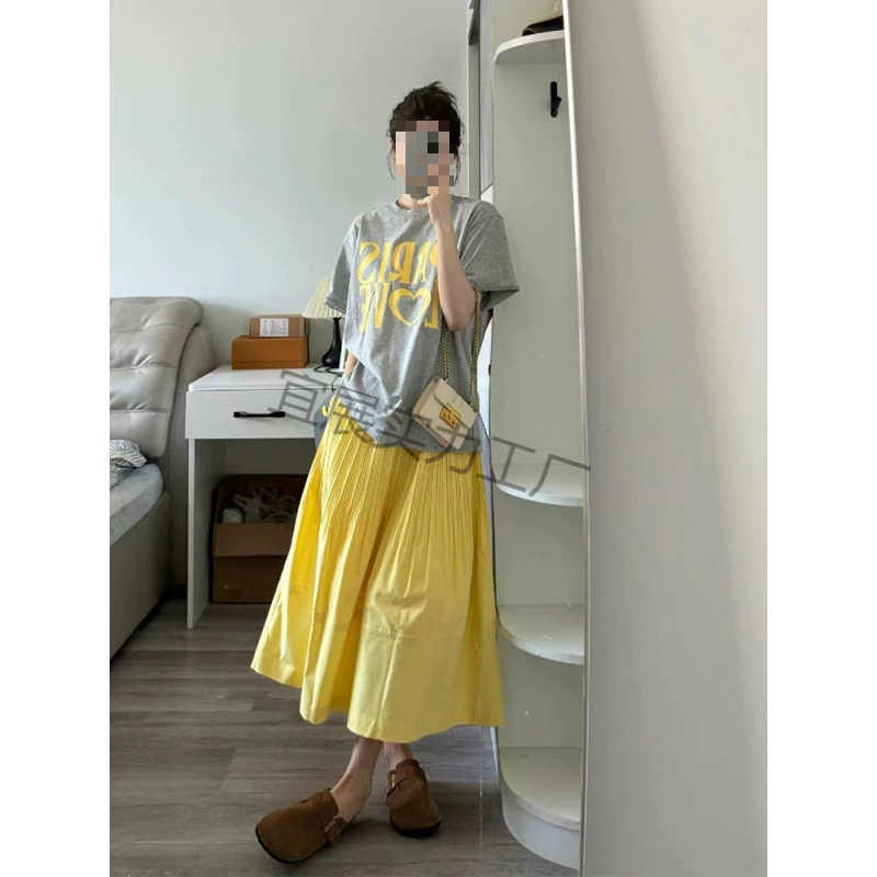 夏季灰色上衣高腰半身裙两件套装小个子清冷松弛感穿搭休闲套装女