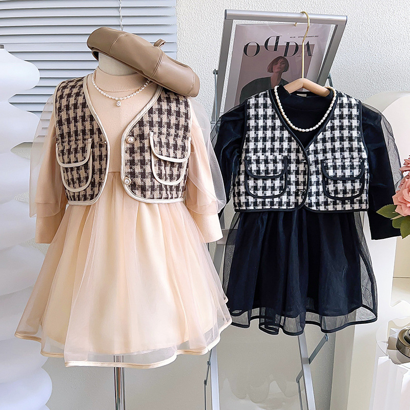 女童套装秋装女宝宝马甲外套+连衣裙两件套中小童3-8岁女童套装