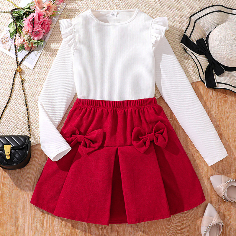 Completo moda bambina, gonna a mezza manica con fiocco grande, top a maniche lunghe, novità autunno e inverno, abbigliamento per bambini di medie dimensioni_voghion.com