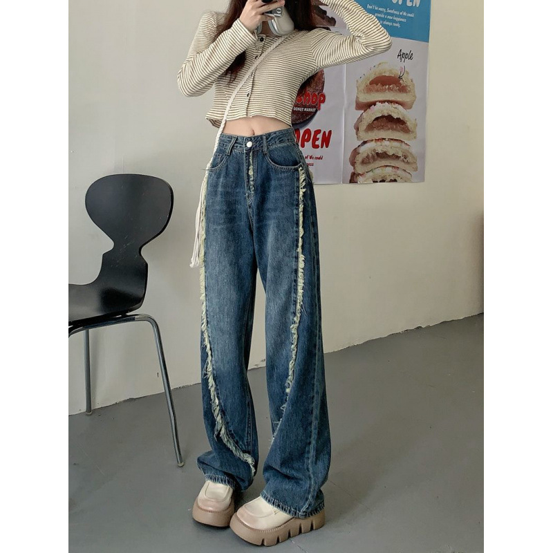 韓版小眾設計感毛邊牛仔褲寬鬆拖地褲秋季女復古闊腿褲藍色長褲子