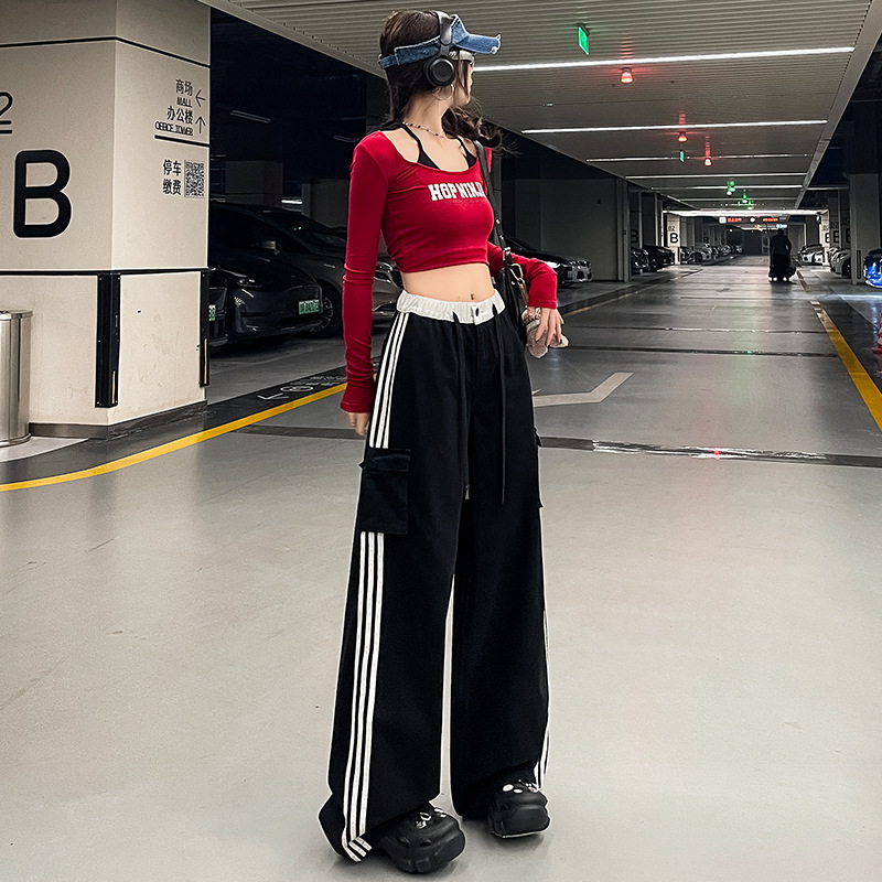 American-style High Street Black Three-bar Overalls Women's Spring and Autumn New Loose Straight Drain Casual Wide-leg Pants American-style High Street Black Three-bar Overalls Women's Spring and Autumn New Loose Straight Drain Casual Wide-leg Pants