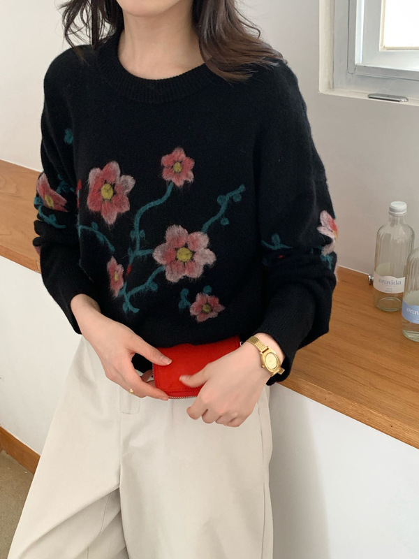 100纯羊毛衫女士25早秋冬季新款甜美穿搭刺绣针织打底衫毛衣女装|undefined