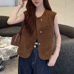 欧货鹿皮绒无袖马甲背心女2025秋季小个子减龄洋气风叠穿马夹上衣