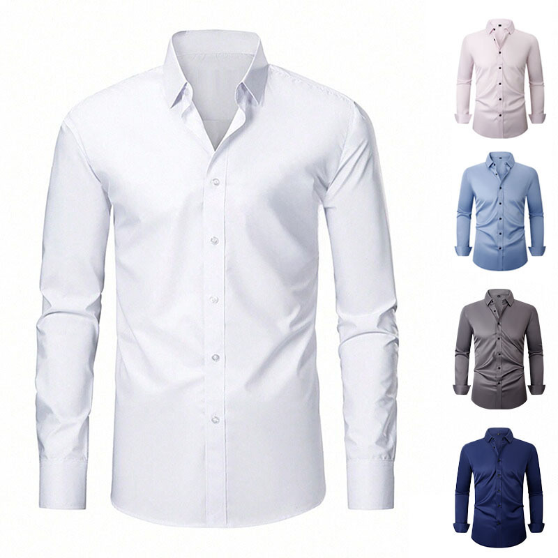 Cross-Border Spring Style Slim-Fit Men's Long-Sleeve Shirt, Business Shirt, Solid Color Men's Shirt with Pockets, Plus-Size Men's Clothing with a High-End Feel